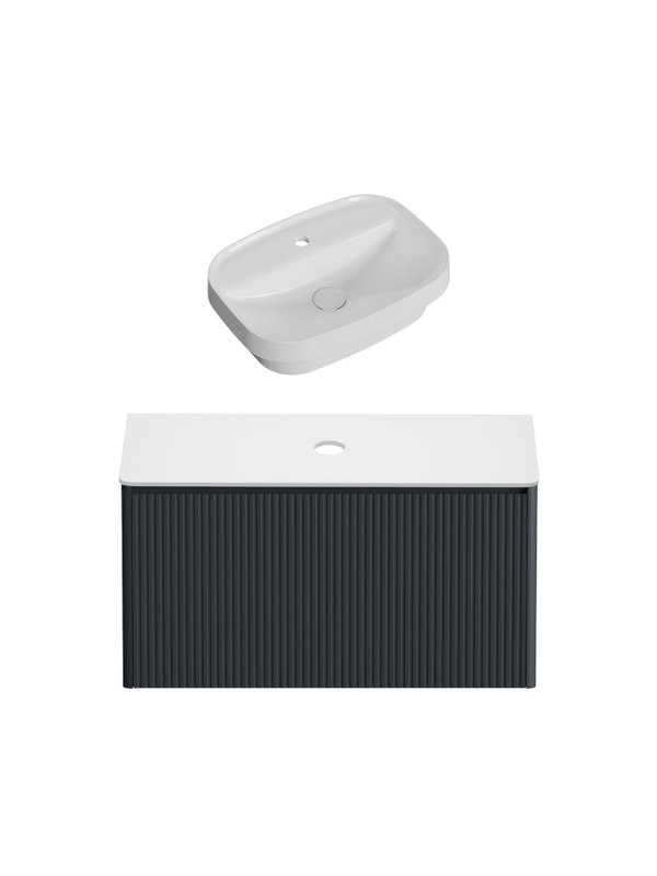 Тумба с раковиной Allen Brau Gravity 80 1 ящик, с фрезеровкой, матовый антрацит, столешница белая, раковина Fantasy Sphere 55x40, белая