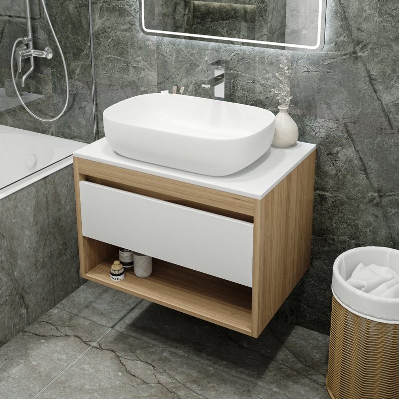 Тумба с раковиной Teymi Ritta 75 дуб эврика, матовая белая, раковина Solli 60