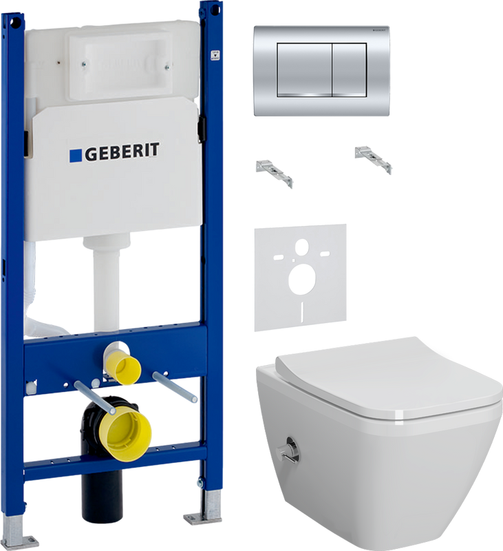 Комплект Унитаз подвесной VitrA Integra Square 7082B003-7209 с функцией биде + Крышка Integra Square 191-003-009 с микролифтом + Инсталляция Geberit Duofix Delta 458.163.21.1 с кнопкой смыва, хром + Звукоизоляция