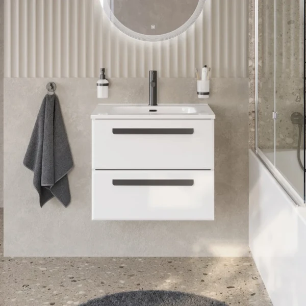 Тумба с раковиной Cezares Eco Cer-N 60 bianco lucido, раковина Duet 60, ручки матовые черные