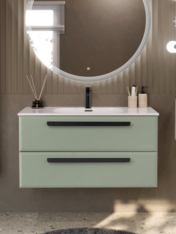 Тумба с раковиной Cezares Eco-Cer-N 100 светло-зеленая матовая, раковина CZR-8095-100, ручки матовые черные