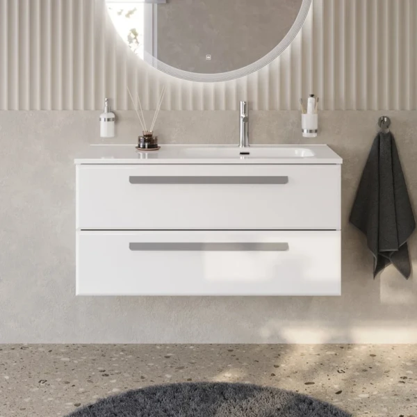 Тумба с раковиной Cezares Eco Cer-N 100 R bianco lucido, раковина Duet 100 R, ручки серые