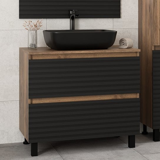 Тумба с раковиной Brevita Dakota 80 напольная, дуб галифакс олово, черный кварц