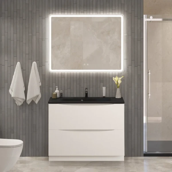 Мебель для ванной комнаты BelBagno Marino 100 напольная, bianco lucido, черная раковина