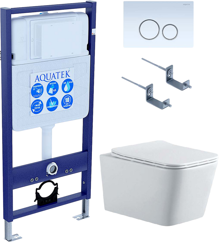 Комплект Унитаз подвесной AQUATEK Либра New AQ0530N-00 безободковый, с микролифтом + Инсталляция Standard INS-0000012 + Комплект креплений KKI-0000002 + Кнопка KDI-0000015 белая
