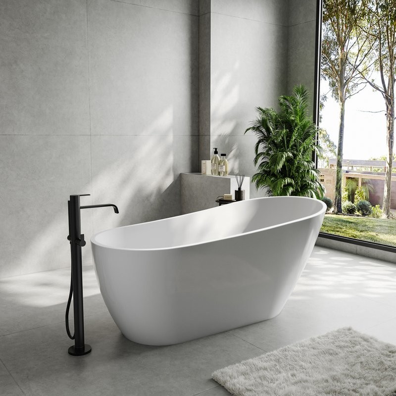 Акриловая ванна Abber AB9501 170x80 см, отдельностоящая, белая, овальная, с каркасом, со сливом-переливом