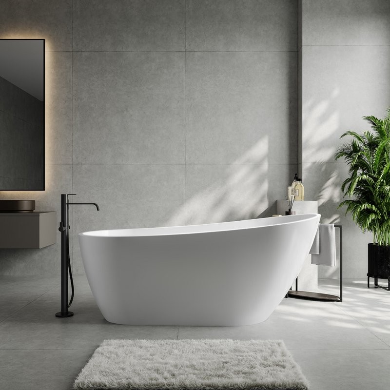 Акриловая ванна Abber AB9501 170x80 см, отдельностоящая, белая, овальная, с каркасом, со сливом-переливом