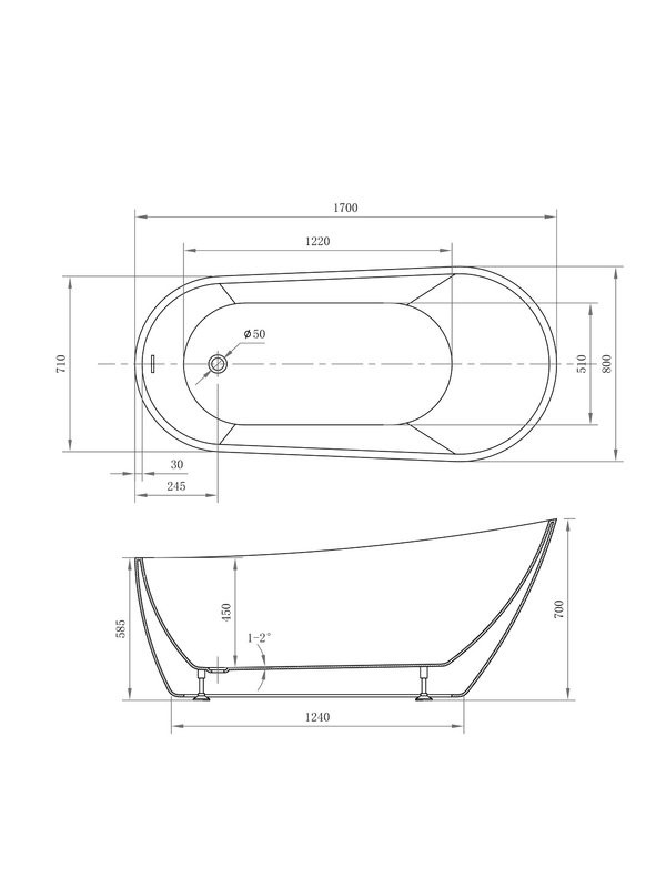 Акриловая ванна Abber AB9501 170x80 см, отдельностоящая, белая, овальная, с каркасом, со сливом-переливом