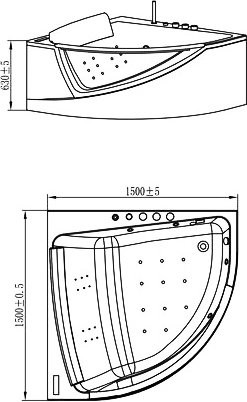 Акриловая ванна Orans 6510700 150x150 см, угловая, пристенная, с гидромассажем, белая, четверть круга, с каркасом, с экраном, со смесителем, со сливом-переливом, с подсветкой, с подголовником, с поручнем