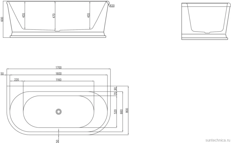 Акриловая ванна BelBagno BB408-1700-800 без опоры 170x80 см, пристенная, белая, овальная, со сливом-переливом