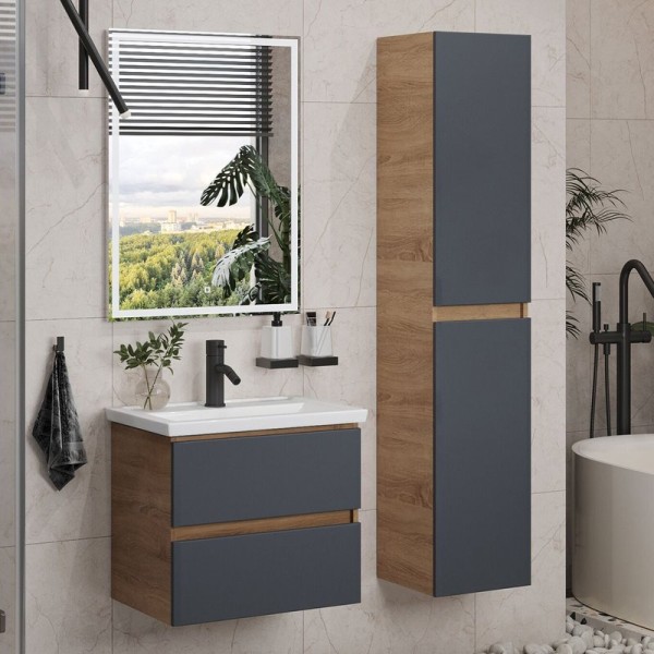 Мебель для ванной комнаты SanStar Инфинити 60 подвесная, дуб сонома светлый, графит софт, раковина Фостер