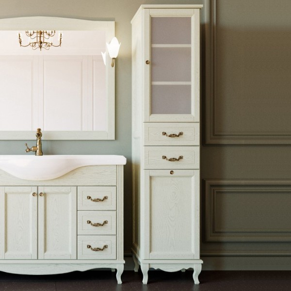 Шкаф пенал для ванной ValenHouse Эллина 40 R с бельевой корзиной, слоновая кость, фурнитура бронза