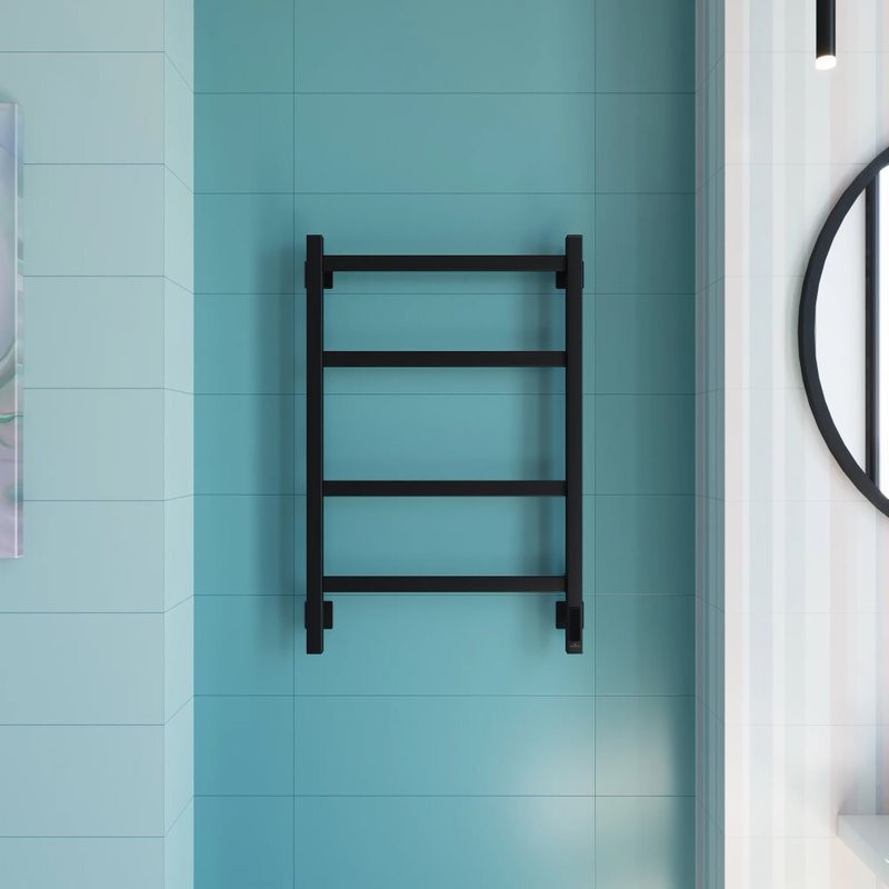 Полотенцесушитель электрический Grota Nosto 530х800 RAL9005 EL 80x55 см, подключение справа, слева, скрытое подключение справа, матовый черный, лесенка, из стали