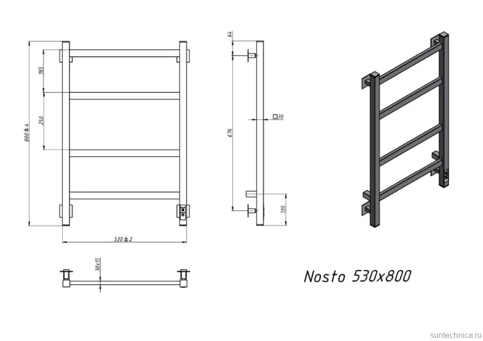 Полотенцесушитель электрический Grota Nosto 530х800 RAL9005 EL 80x55 см, подключение справа, слева, скрытое подключение справа, матовый черный, лесенка, из стали