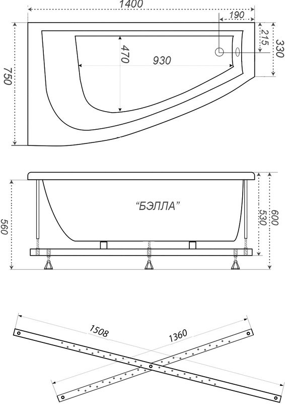 Акриловая ванна Triton Бэлла Н0000020162 R 140x75 см, угловая, правая, пристенная, белая, асимметричная, с каркасом