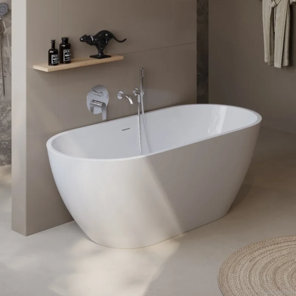 Акриловая ванна BelBagno Uno BB701 150x75 см, отдельностоящая, белая, овальная, на ножках, со сливом-переливом, с донным клапаном