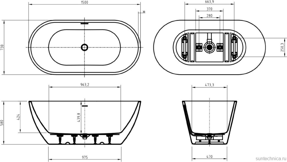 Акриловая ванна BelBagno Uno BB701 150x75 см, отдельностоящая, белая, овальная, на ножках, со сливом-переливом, с донным клапаном