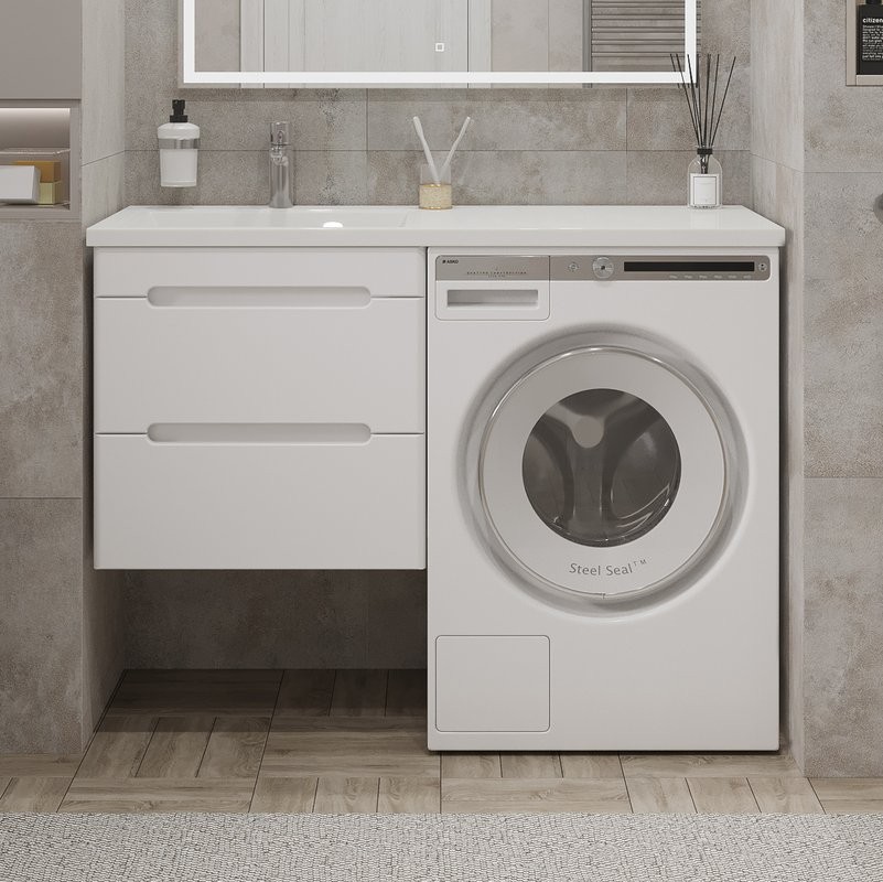 Тумба с раковиной SanStar Толедо 120 L подвесная, под стиральную машину, глянцевая белая, раковина Даллас 120