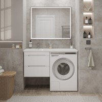 Тумба с раковиной SanStar Толедо 120 L подвесная, под стиральную машину, глянцевая белая, раковина Даллас 120