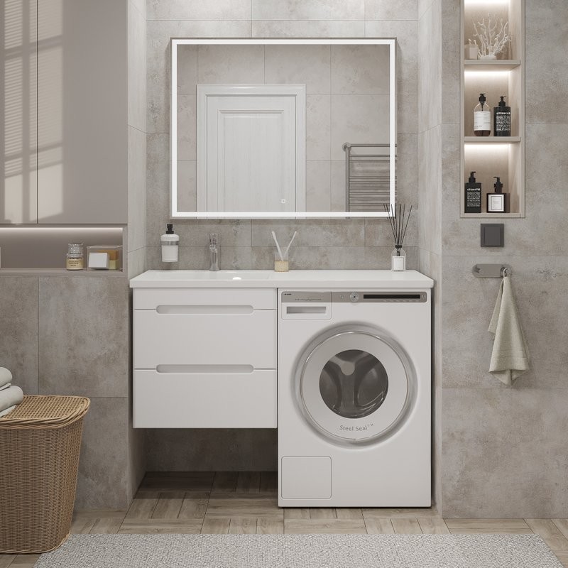 Тумба с раковиной SanStar Толедо 120 L подвесная, под стиральную машину, глянцевая белая, раковина Даллас 120