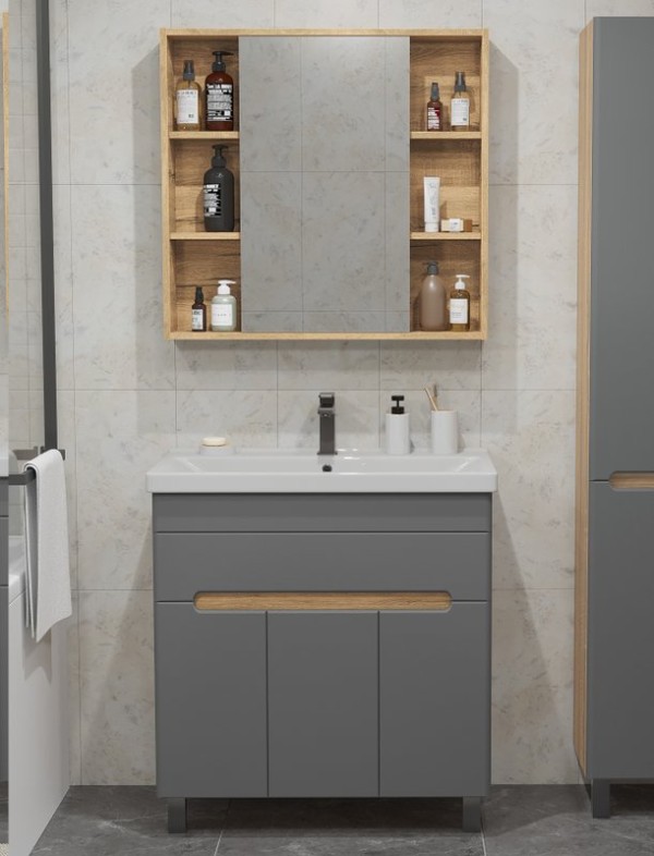 Мебель для ванной комнаты SanStar Модена 80 напольная, графит софт, дуб вотан, раковина Fest 80