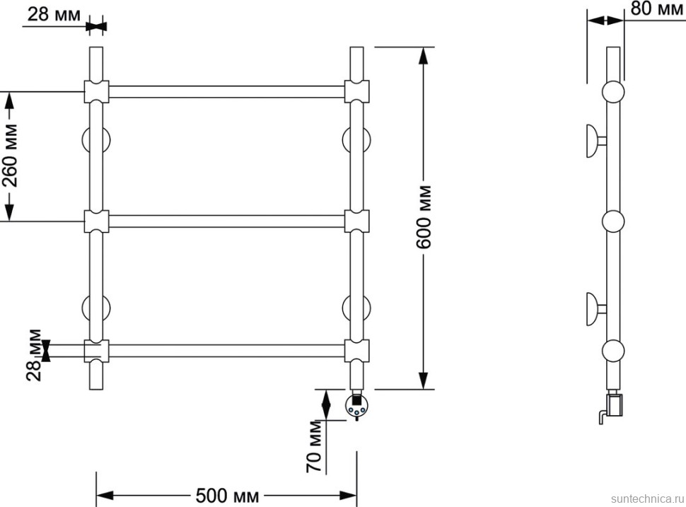 Полотенцесушитель электрический Secado Флоренция 2 65x55 см, подключение справа, бронза, лесенка, латунь