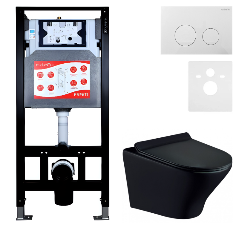 Комплект Унитаз подвесной Esbano Aster ESUPASTEBM матовый черный + Инсталляция Fram + Кнопка ESINSLM37GW