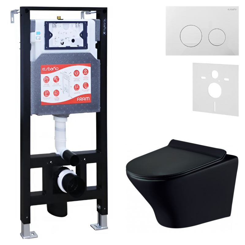 Комплект Унитаз подвесной Esbano Aster ESUPASTEBM матовый черный + Инсталляция Fram + Кнопка ESINSLM37GW