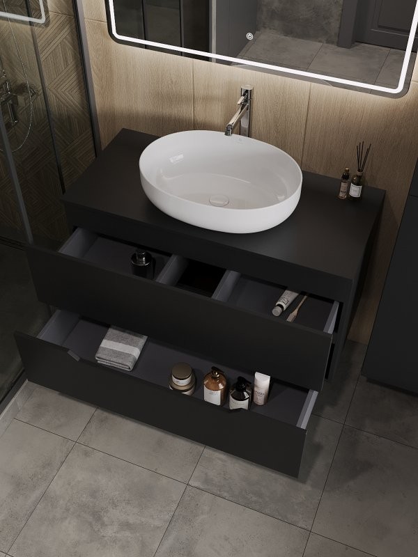 Тумба с раковиной Orange Line 100 подвесная, 2 ящика, матовая черная с раковиной B05-520W
