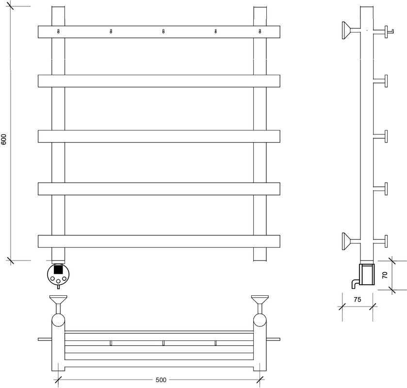 Полотенцесушитель электрический Secado Понтида 1 K, L 60x60 см, подключение слева, матовый черный, лесенка