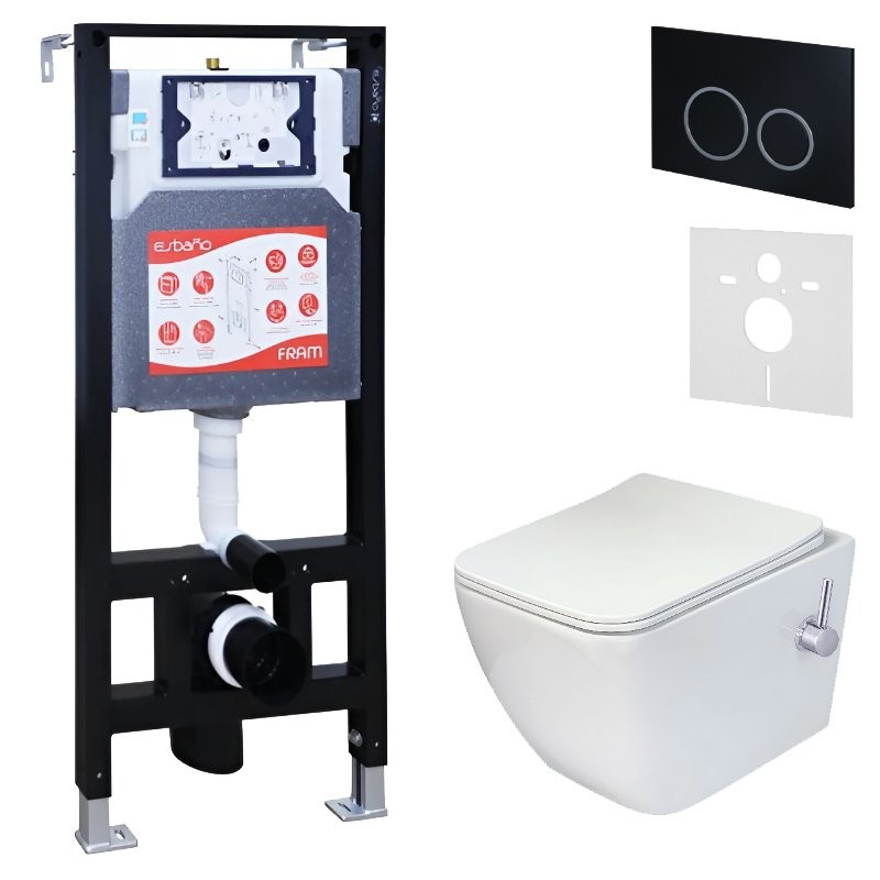 Комплект 3 в 1 Унитаз подвесной Esbano ESWBLEONWN + Инсталляция Fram + Кнопка ESINKRG11MB цвет матовый черный