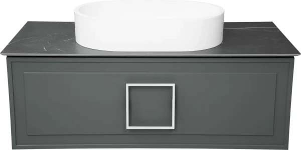 Тумба с раковиной La Fenice Cubo 100 подвесная, grigio, ручка белая, столешница черный мрамор, раковина белая матовая