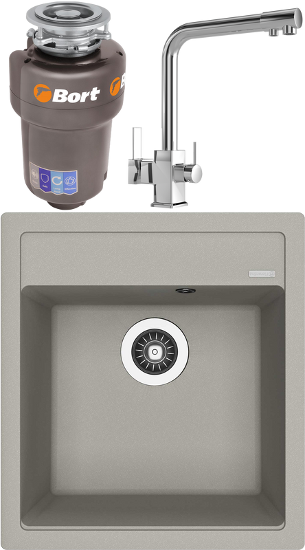 Комплект Мойка Florentina Липси 460 грей + Смеситель MEGA Life MG-TK06 хром + Измельчитель Bort Titan 5000 Control