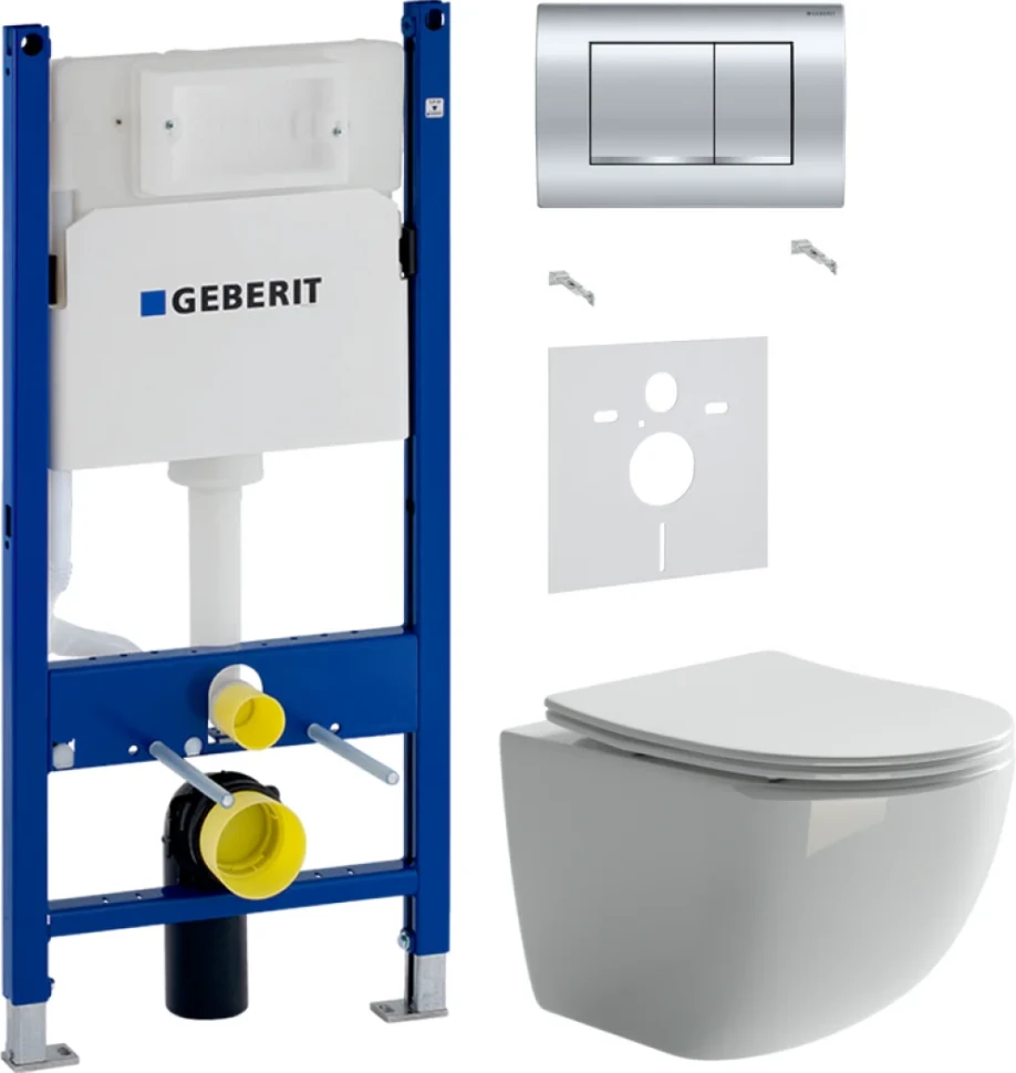 Комплект Унитаз подвесной Ceramicanova Forma CN3009 безободковый + Звукоизоляция Geberit + Инсталляция Duofix Delta 458.163.21.1 с кнопкой смыва, хром