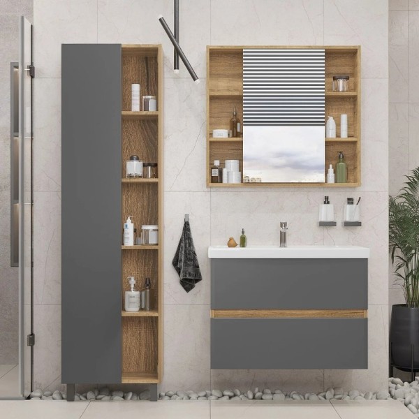 Шкаф-пенал для ванной SanStar Graffa 50 напольный, подвесной, дуб вотан, графит софт
