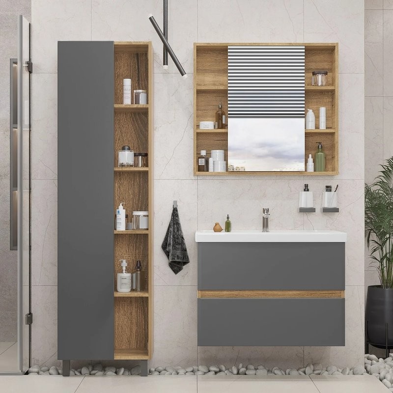 Шкаф-пенал для ванной SanStar Graffa 50 напольный, подвесной, дуб вотан, графит софт