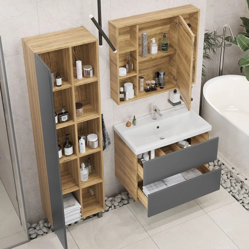 Шкаф-пенал для ванной SanStar Graffa 50 напольный, подвесной, дуб вотан, графит софт