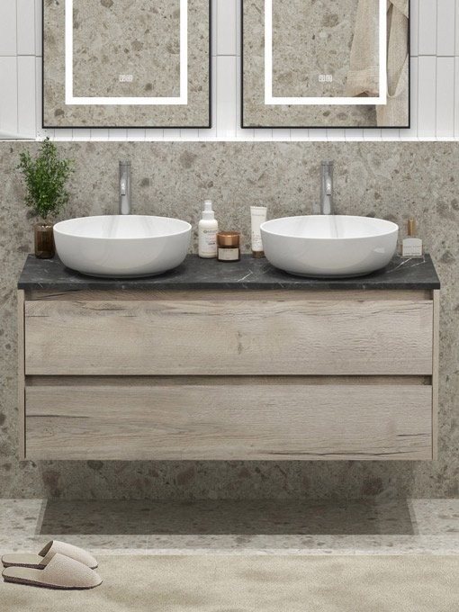 Тумба под раковину со столешницей BelBagno Kraft 120 подвесная,  для двоих, 2 ящика, rovere galifax bianco