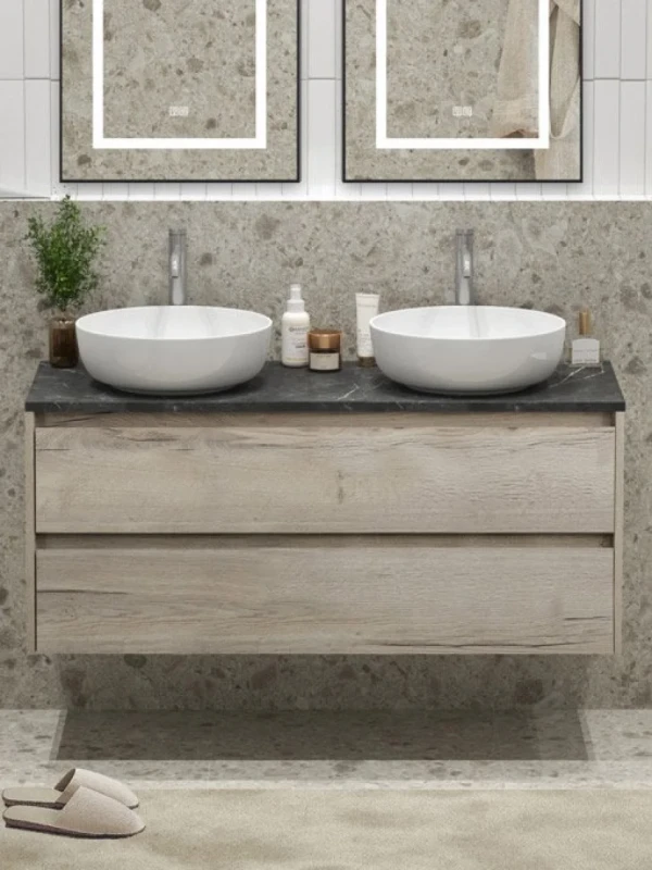 Тумба под раковину со столешницей BelBagno Kraft 120 подвесная,  для двоих, 2 ящика, rovere galifax bianco