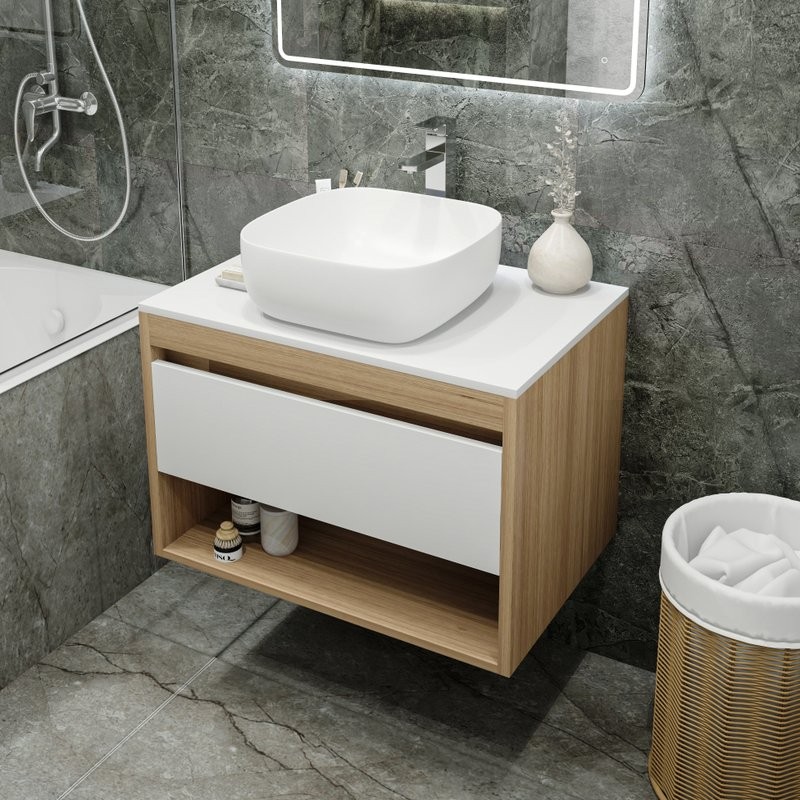 Тумба с раковиной Teymi Ritta 75 дуб эврика, матовая белая, раковина Solli 41