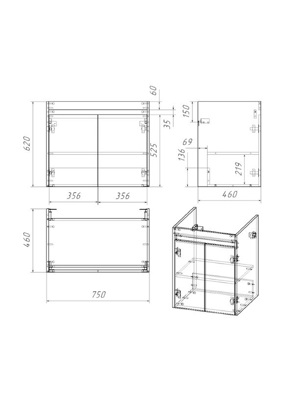 Тумба с раковиной Teymi Netta 75 дуб, графит волна