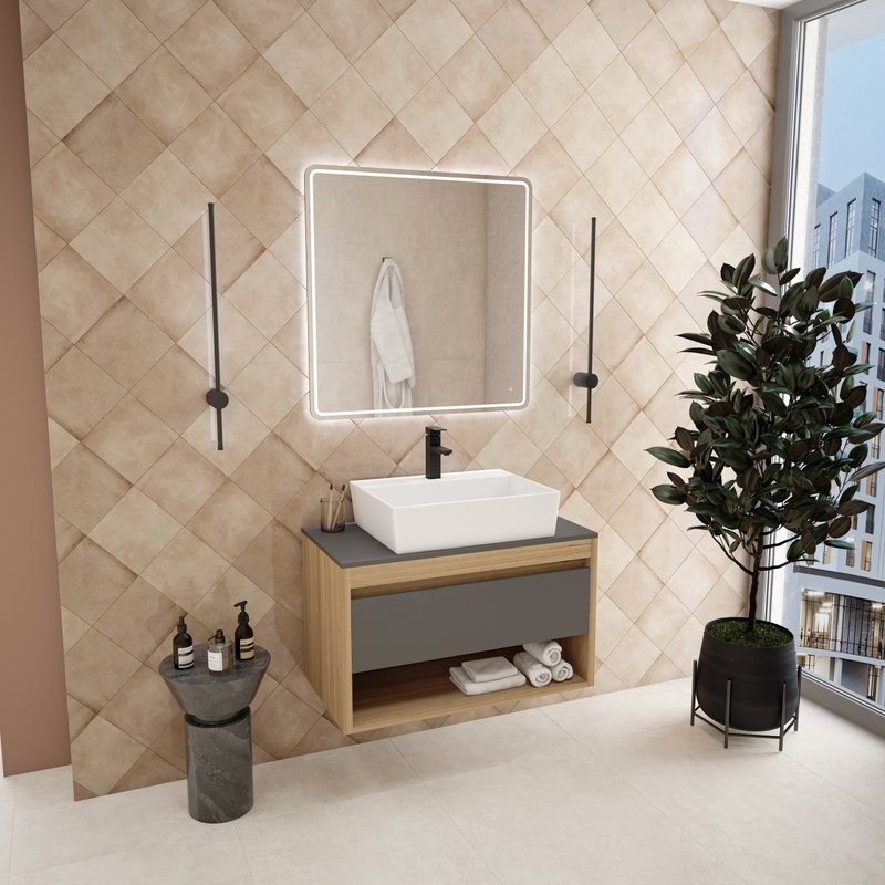 Тумба с раковиной Teymi Ritta 85 дуб эврика, матовый графит, раковина Aina 56