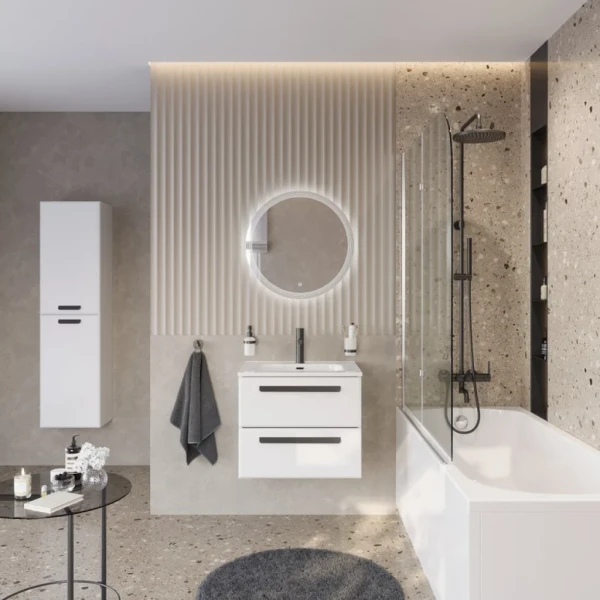 Мебель для ванной комнаты Cezares Eco Cer-N 60 bianco lucido, раковина Duet 60, ручки матовые черные