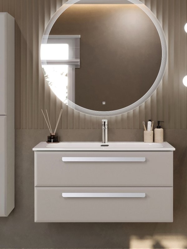 Тумба с раковиной Cezares Eco-Cer-N 100 серо-бежевая матовая, раковина CZR-8073-100, ручки сатин