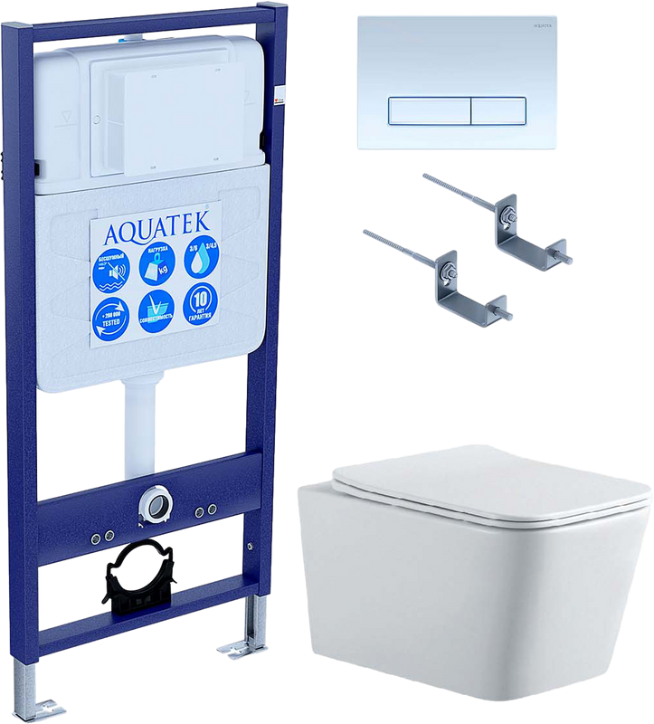 Комплект Унитаз подвесной AQUATEK Либра New AQ0530N-00 безободковый, с микролифтом + Инсталляция Standard INS-0000012 + Комплект креплений KKI-0000002 + Кнопка KDI-0000021 белый глянец