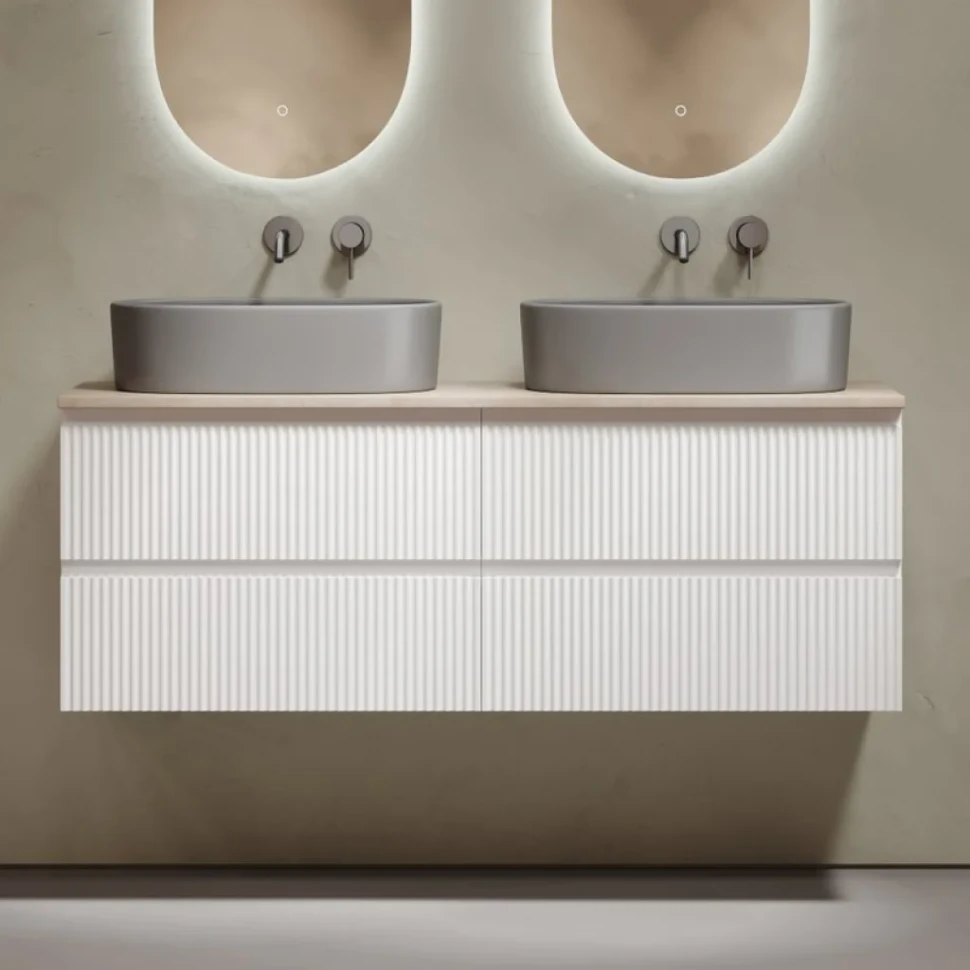 Тумба с раковиной Sancos Snob R 140 bianco, столешница бежевая TT140A2, раковина CN6048MH