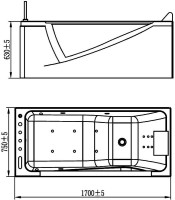 Акриловая ванна Orans 65108L0 L 170x75 см, левая, пристенная, с гидромассажем, белая, с каркасом, с экранами, со смесителем, со сливом-переливом, с подсветкой, с подголовником, с поручнем