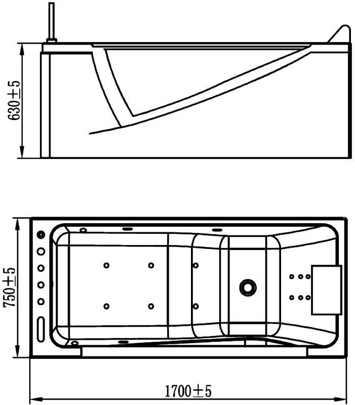 Акриловая ванна Orans 65108L0 L 170x75 см, левая, пристенная, с гидромассажем, белая, с каркасом, с экранами, со смесителем, со сливом-переливом, с подсветкой, с подголовником, с поручнем