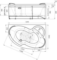 Акриловая ванна Radomir Vannesa Massage Ирма 2-76-2-2-9-217 баланс, R 170x110 см, угловая, правая, пристенная, с гидромассажем, белая, асимметричная, с каркасом, с экраном, с сиденьем, со сливом-переливом
