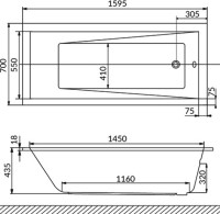 Акриловая ванна WHITECROSS Wave Slim Line Nano 160x70 см, встраиваемая, с гидромассажем, белый глянец, с каркасом, со сливом-переливом, фурнитура золото